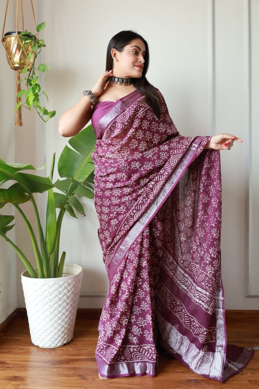 Purple pure Cotton Linen Saree with Hand Block Print