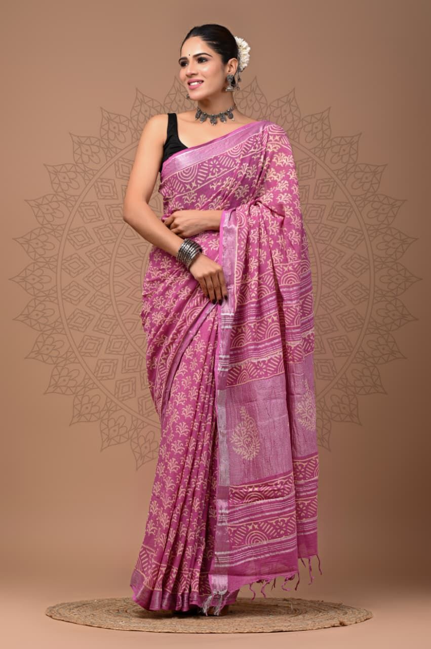 Purple pure Cotton Linen Saree with Hand Block Print