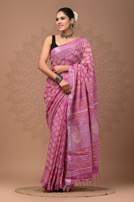 Purple pure Cotton Linen Saree with Hand Block Print