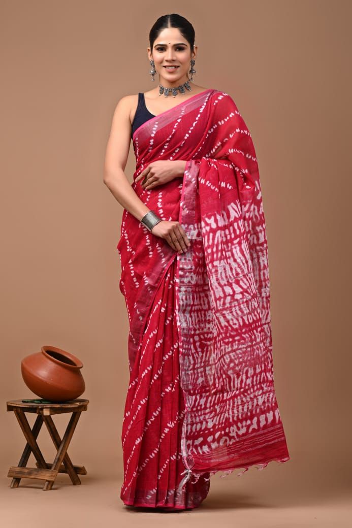 Pure Cotton Linen Saree with Hand Block Print