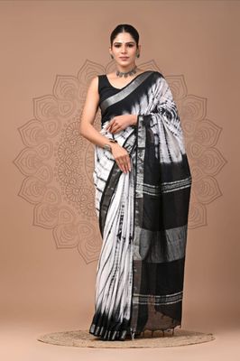 White Cotton Linen Saree with Hand Block Print