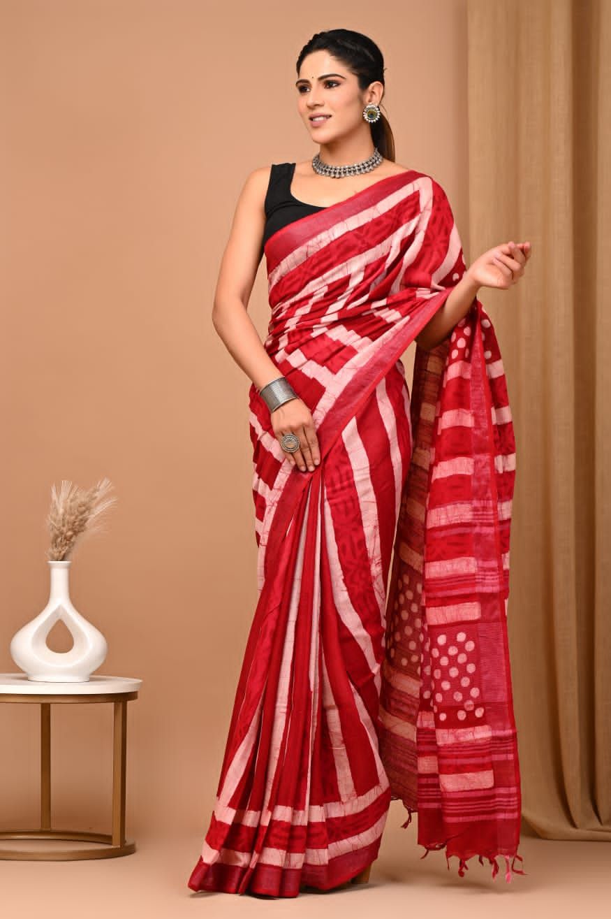 Pure Cotton Linen Saree with Hand Block Print