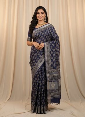 Navy Blue Cotton Linen Saree with Hand Block Print