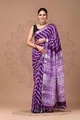 Pure Purple Cotton Linen Saree with Hand Block Print
