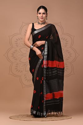 Black pure Cotton Linen Saree with Hand Block Print