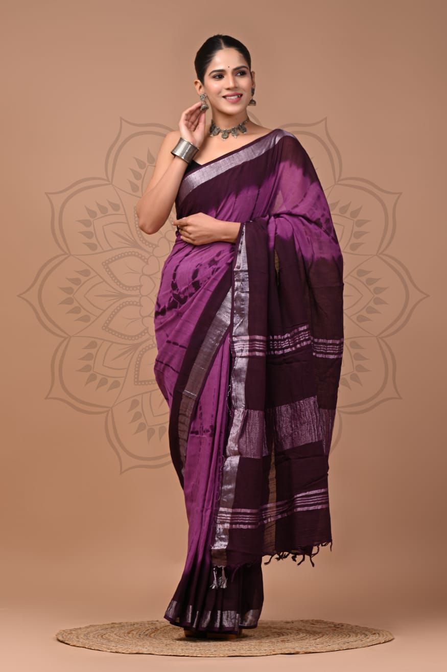 Purple Cotton Linen Saree with Hand Block Print