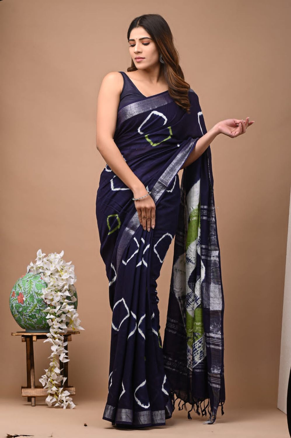 Navy Blue Cotton Linen Saree with Hand Block Print