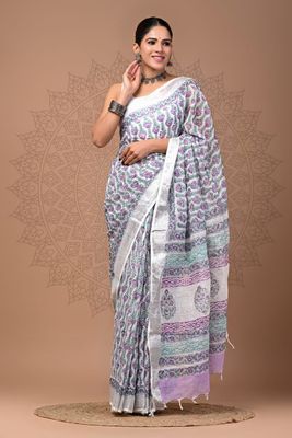 Pure Cotton Linen Saree with Hand Block Print