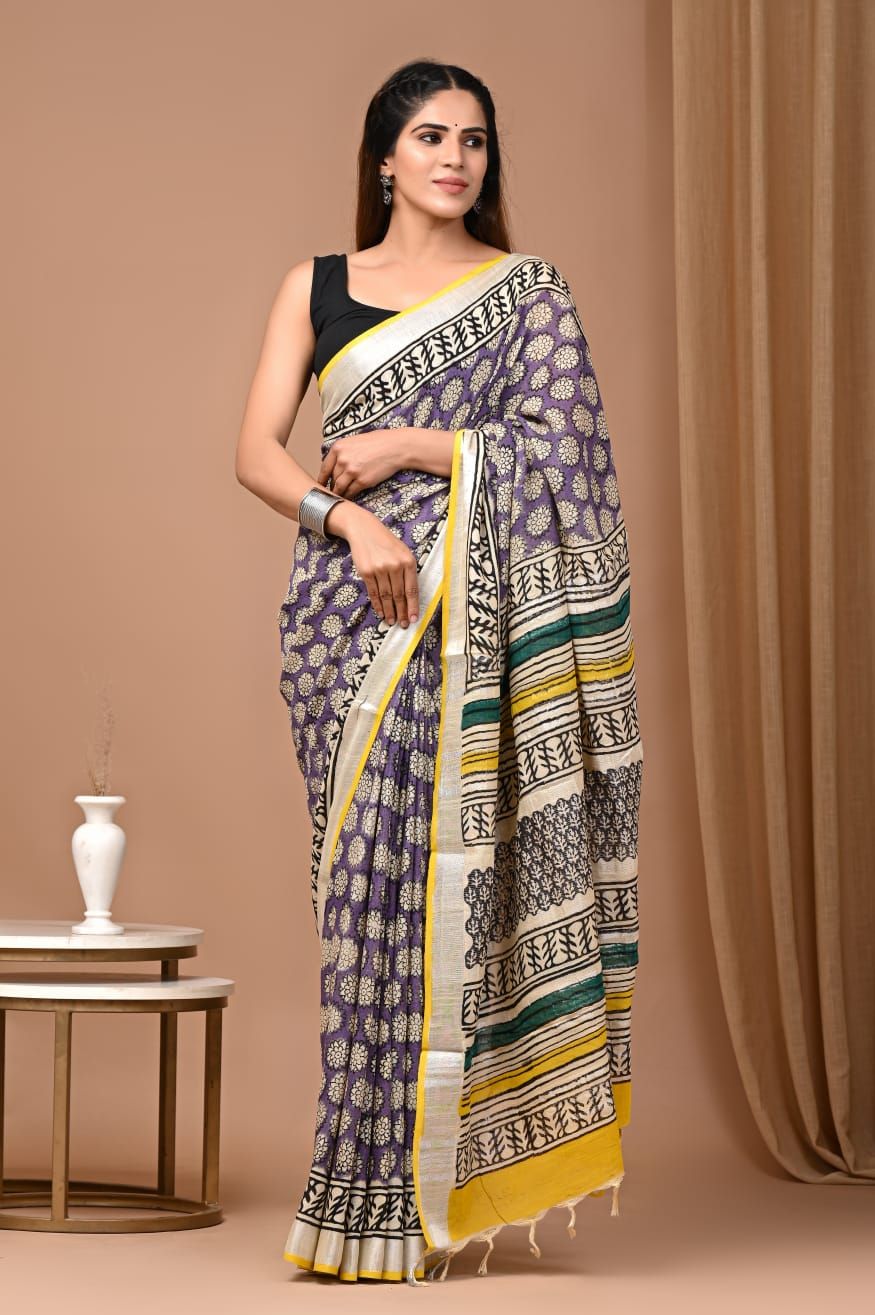 Pure Cotton Linen Saree with Hand Block Print