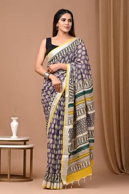 Pure Cotton Linen Saree with Hand Block Print
