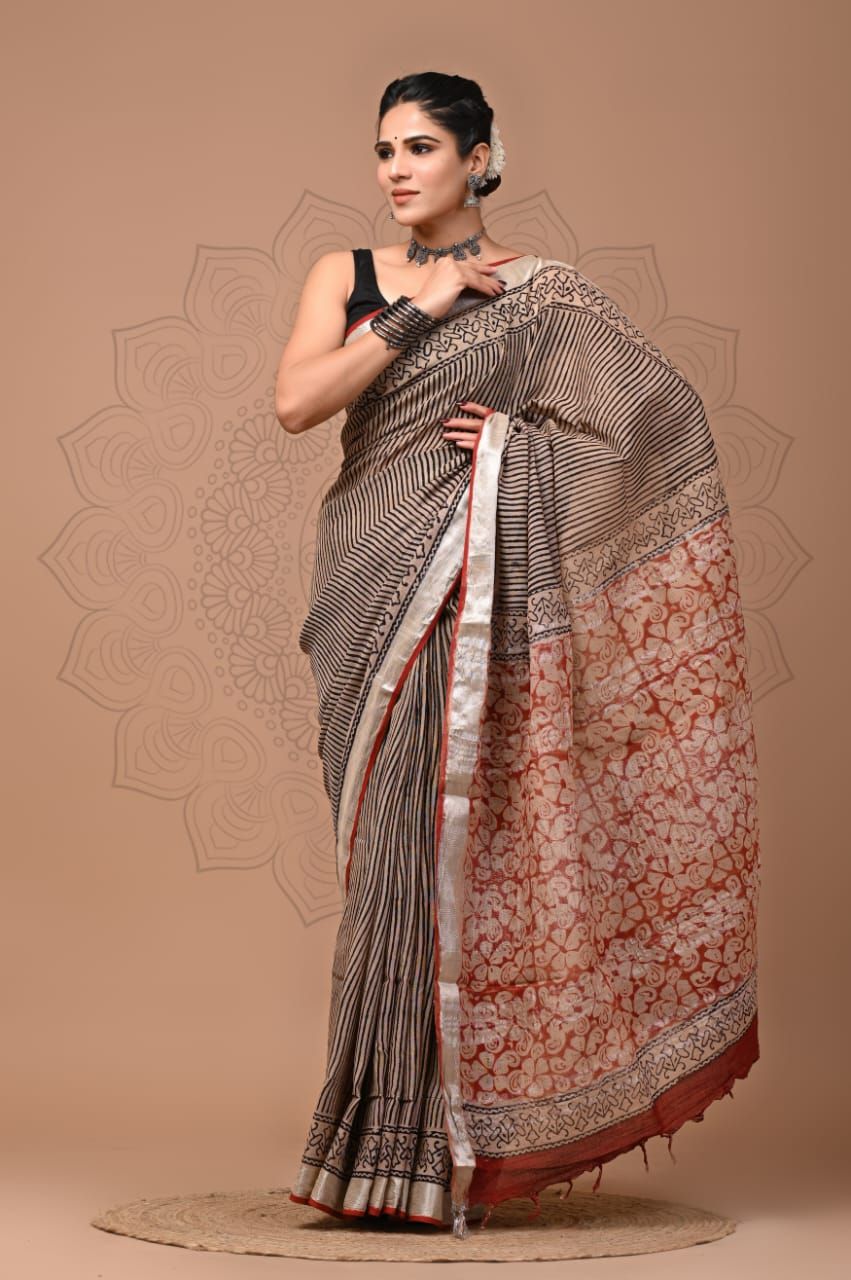 Brown Cotton Linen Saree with Hand Block Print