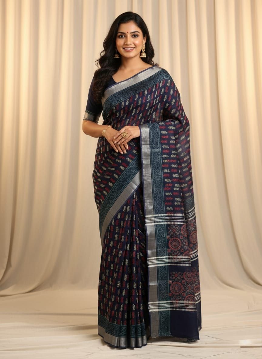 Navy Blue Cotton Linen Saree with Hand Block Print