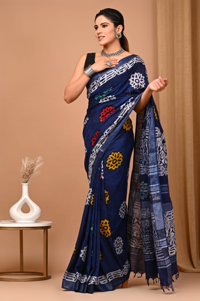 Blue Cotton Linen Saree with Hand Block Print