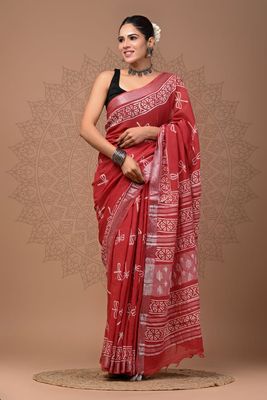 Brick Red Cotton Linen Saree with Hand Block Print