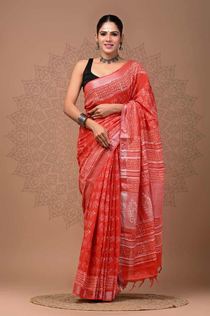 Pure Cotton Linen Saree with Hand Block Print