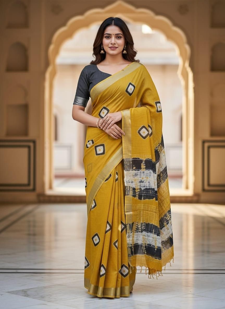 Pure Cotton Linen Saree with Hand Block Print