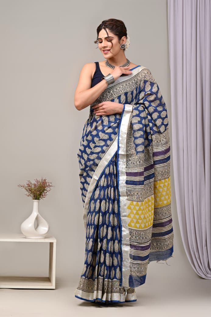 Pure Cotton Linen Saree with Hand Block Print