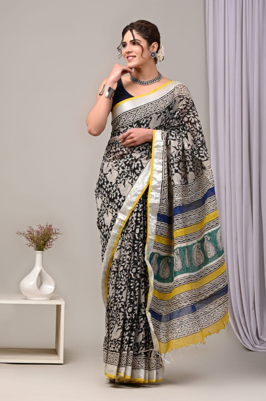 Pure Cotton Linen Saree with Hand Block Print