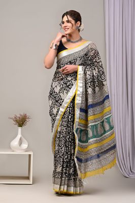 Pure Cotton Linen Saree with Hand Block Print