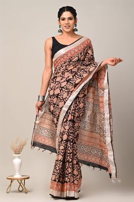 Pure Cotton Linen Saree with Hand Block Print