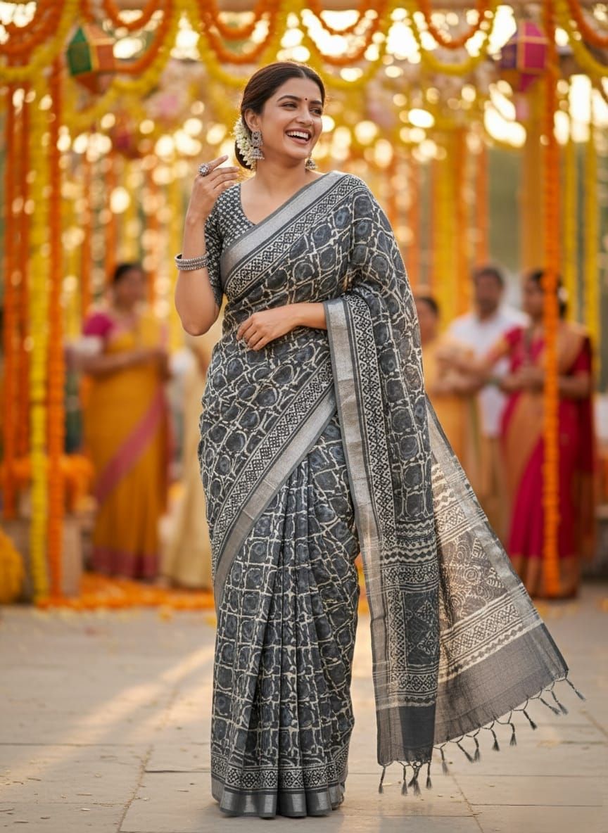 Pure Cotton Linen Saree with Hand Block Print