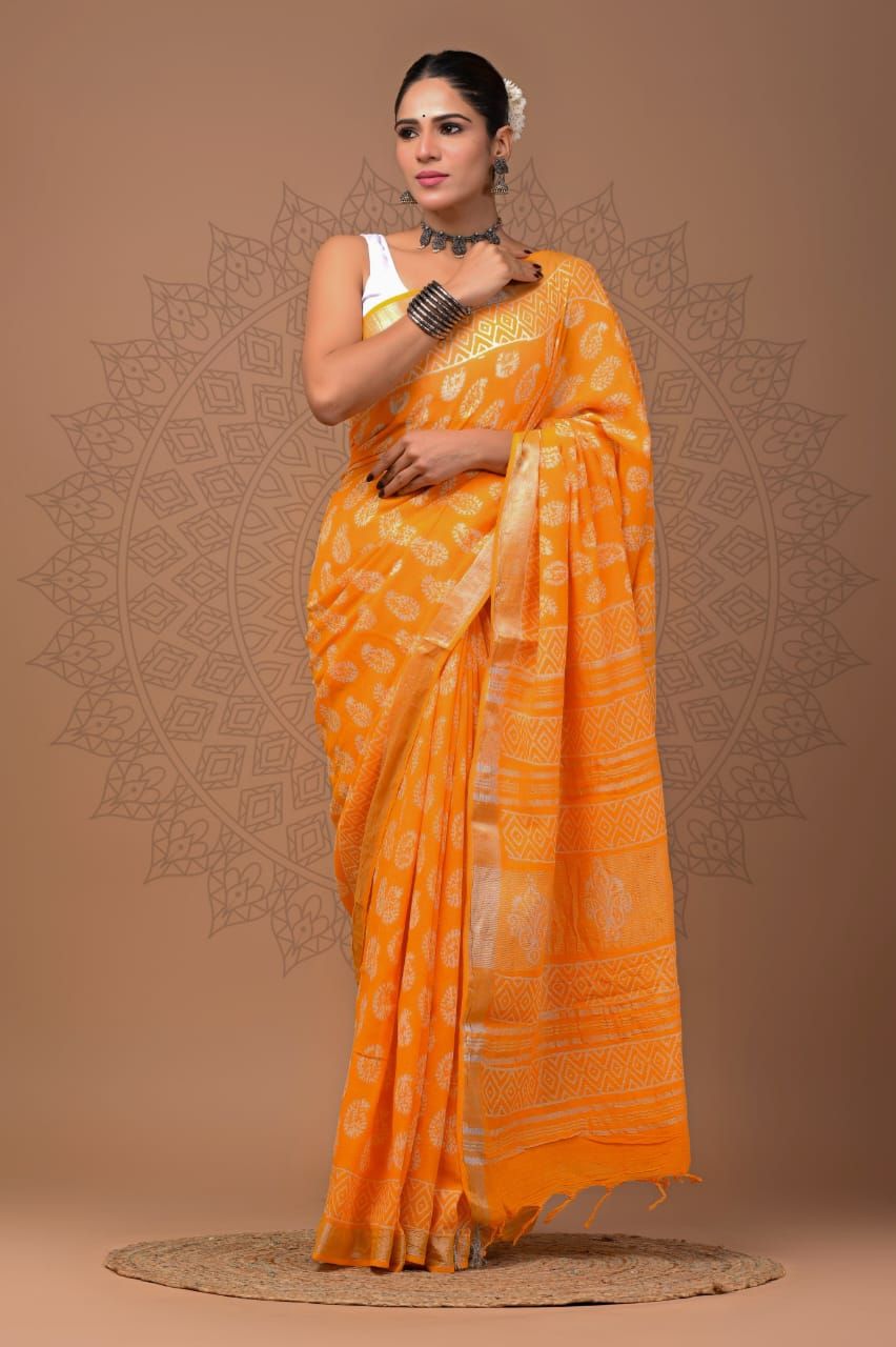 Orange Cotton Linen Saree with Hand Block Print