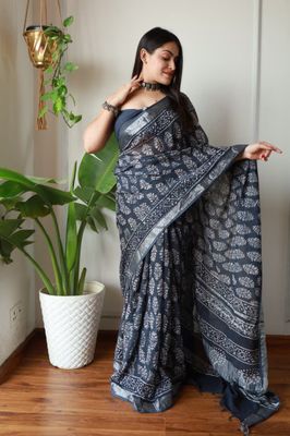 Pure Cotton Linen Saree with Hand Block Print