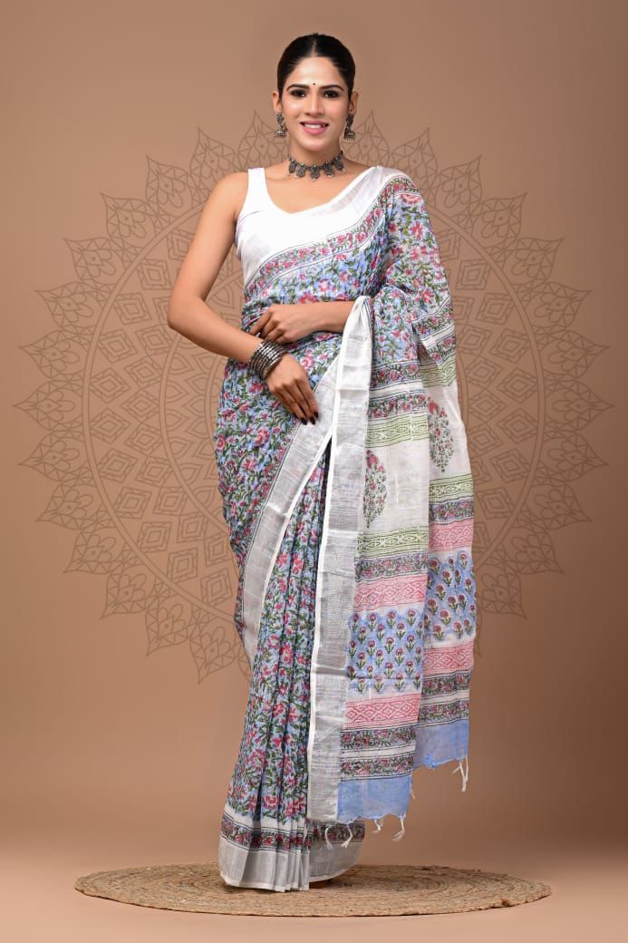 White Cotton Linen Saree with Hand Block Print