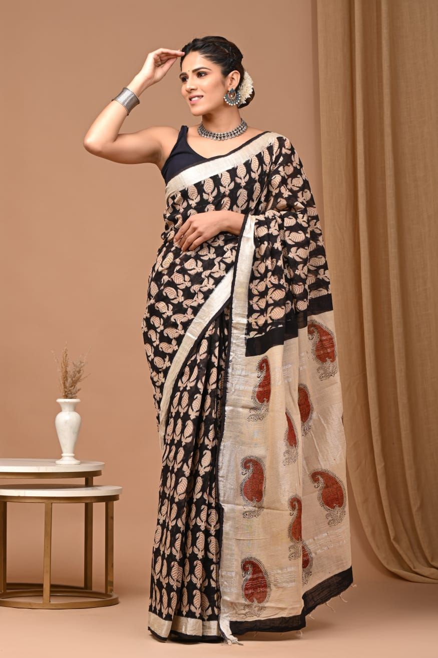 Pure Cotton Linen Saree with Hand Block Print