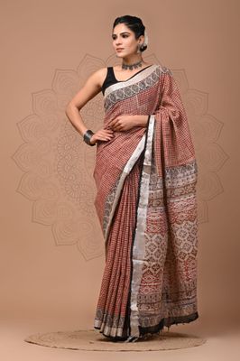 Pure Cotton Linen Saree with Hand Block Print