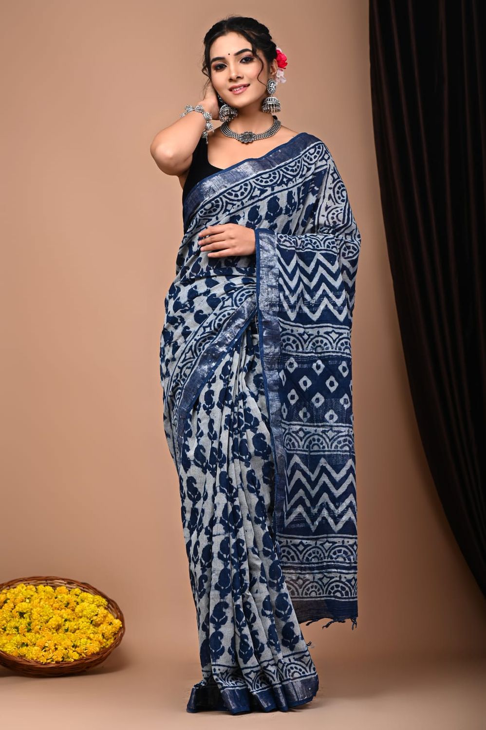 Blue Cotton Linen Saree with Hand Block Print