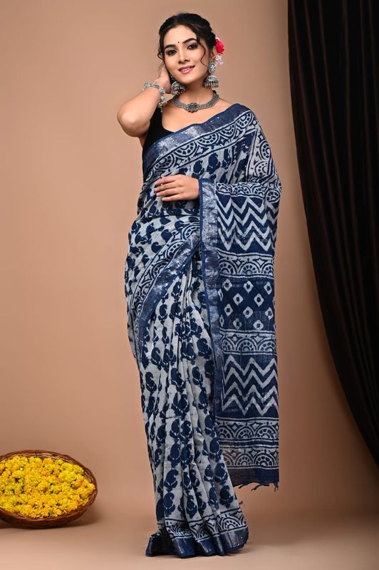 Blue Cotton Linen Saree with Hand Block Print