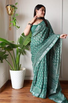 Green Cotton Linen Saree with Hand Block Print