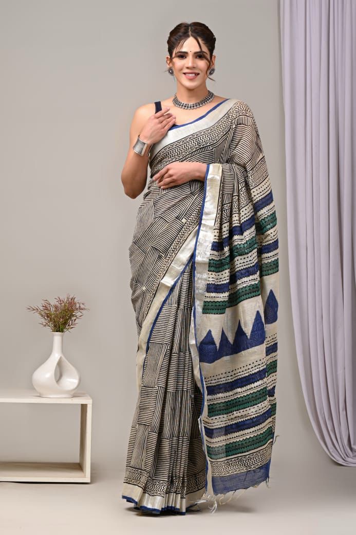 Pure Cotton Linen Saree with Hand Block Print