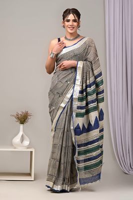 Pure Cotton Linen Saree with Hand Block Print