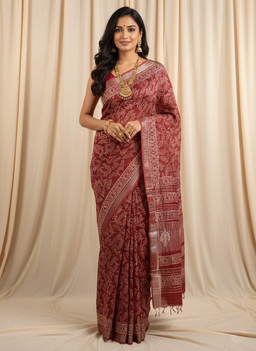 Pure Cotton Linen Saree with Hand Block Print