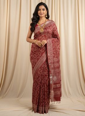 Pure Cotton Linen Saree with Hand Block Print