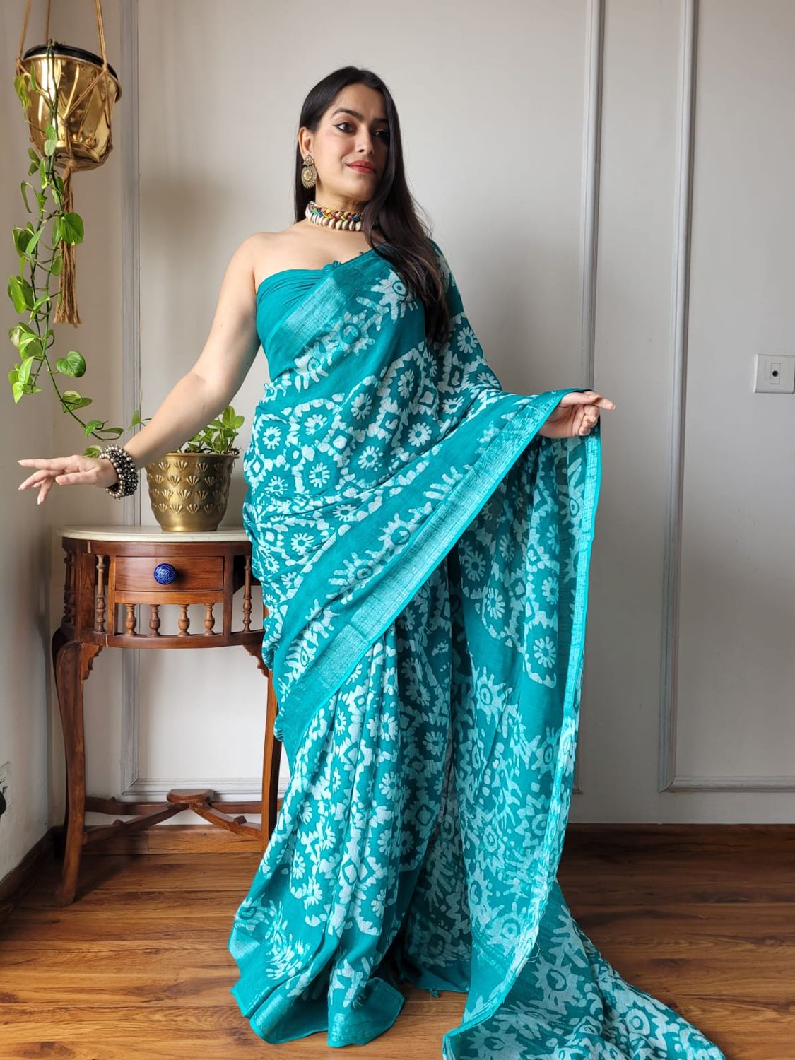 Sea Blue Cotton Linen Saree with Hand Block Print