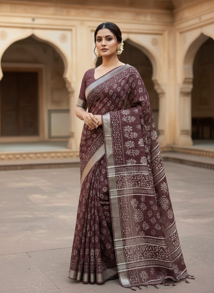 Pure Cotton Linen Saree with Hand Block Print
