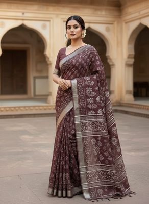 Pure Cotton Linen Saree with Hand Block Print