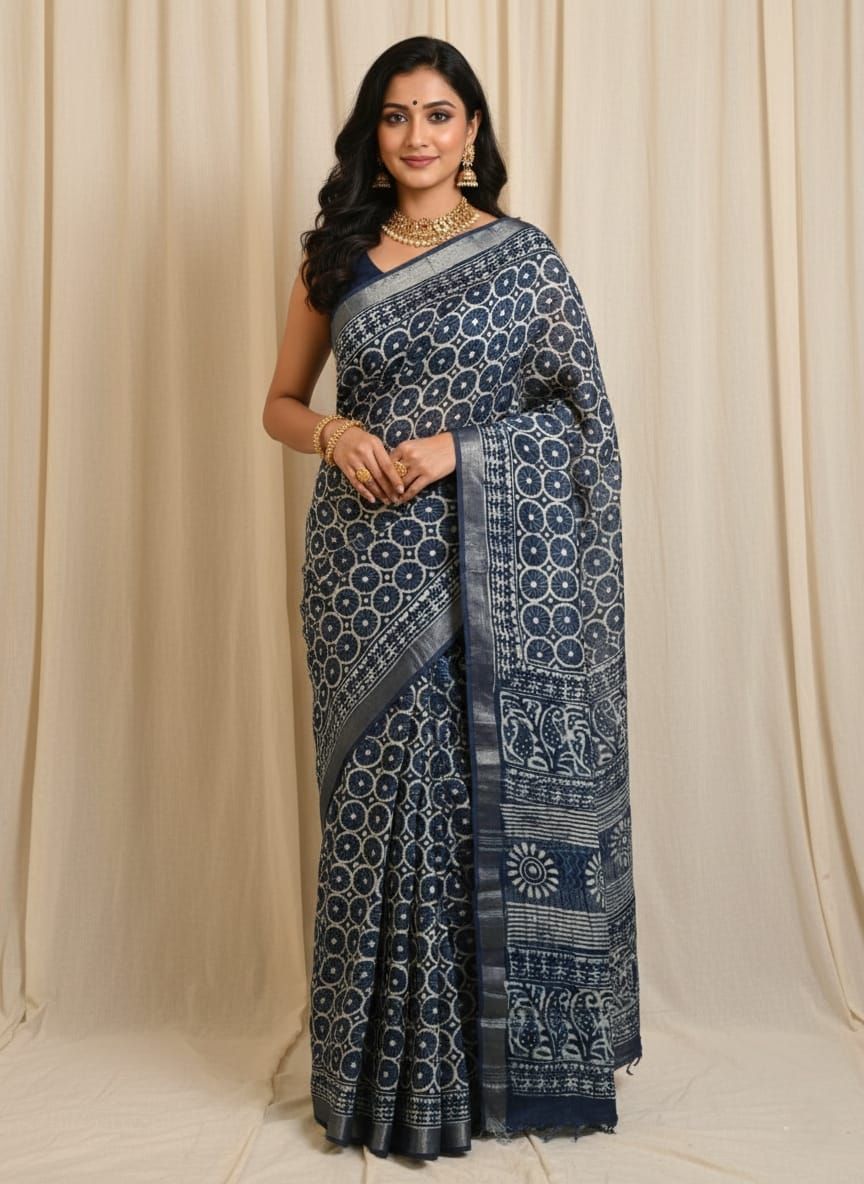Pure Cotton Linen Saree with Hand Block Print