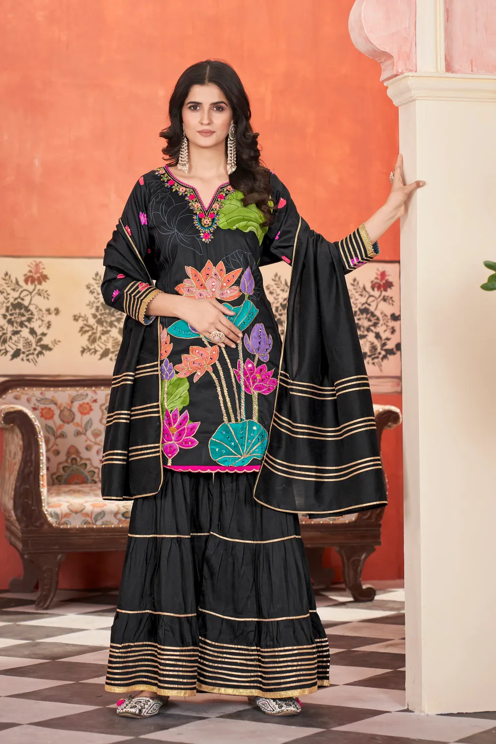 Hayat Fancy Kurti Sharara Set with Dupatta – Black