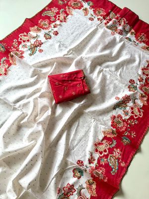 Sunflower Tusser Silk Saree with Silver Weave &amp; Red Border