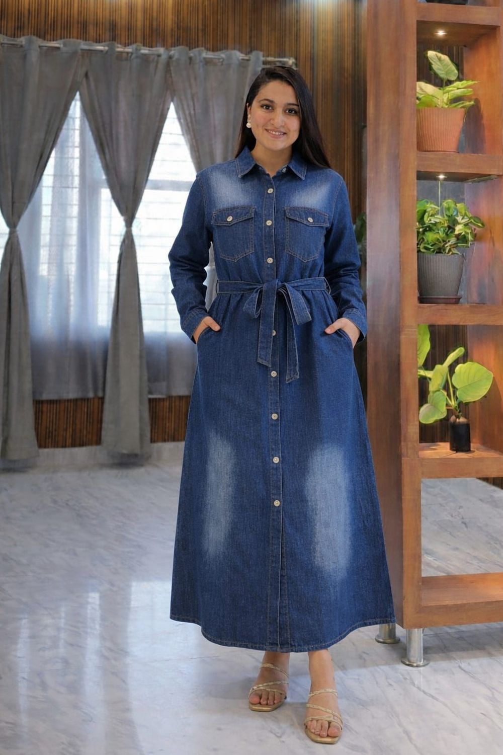 Ladies Knot Denim Long Dress