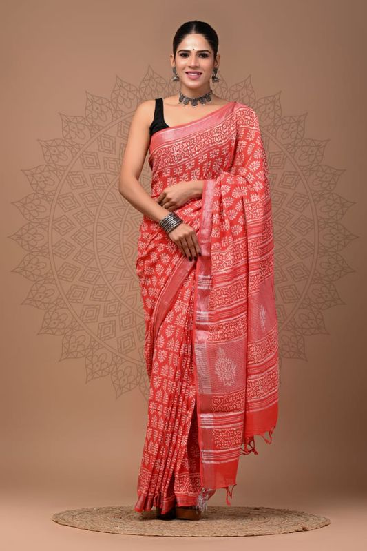 Pure Cotton Linen Saree with Hand Block Print