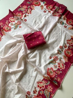 Sunflower Tusser Silk Saree with Silver Weave &amp; Magenta Border