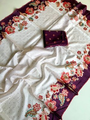 Sunflower Tusser Silk Saree with Silver Weave &amp; Purple Border