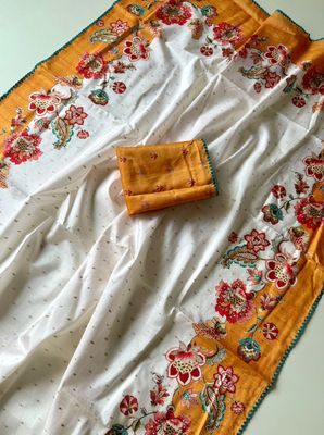 Sunflower Tusser Silk Saree with Silver Weave &amp; Golden Border