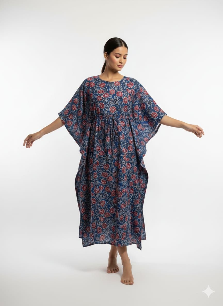 Women  Navy Blue Printed Cotton Kaftan | Free size