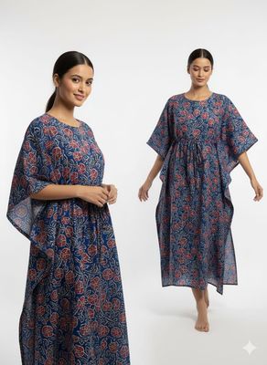 Women  Navy Blue Printed Cotton Kaftan | Free size
